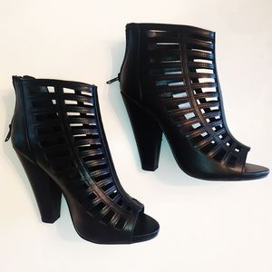 Black faux leather cut out chunky heels